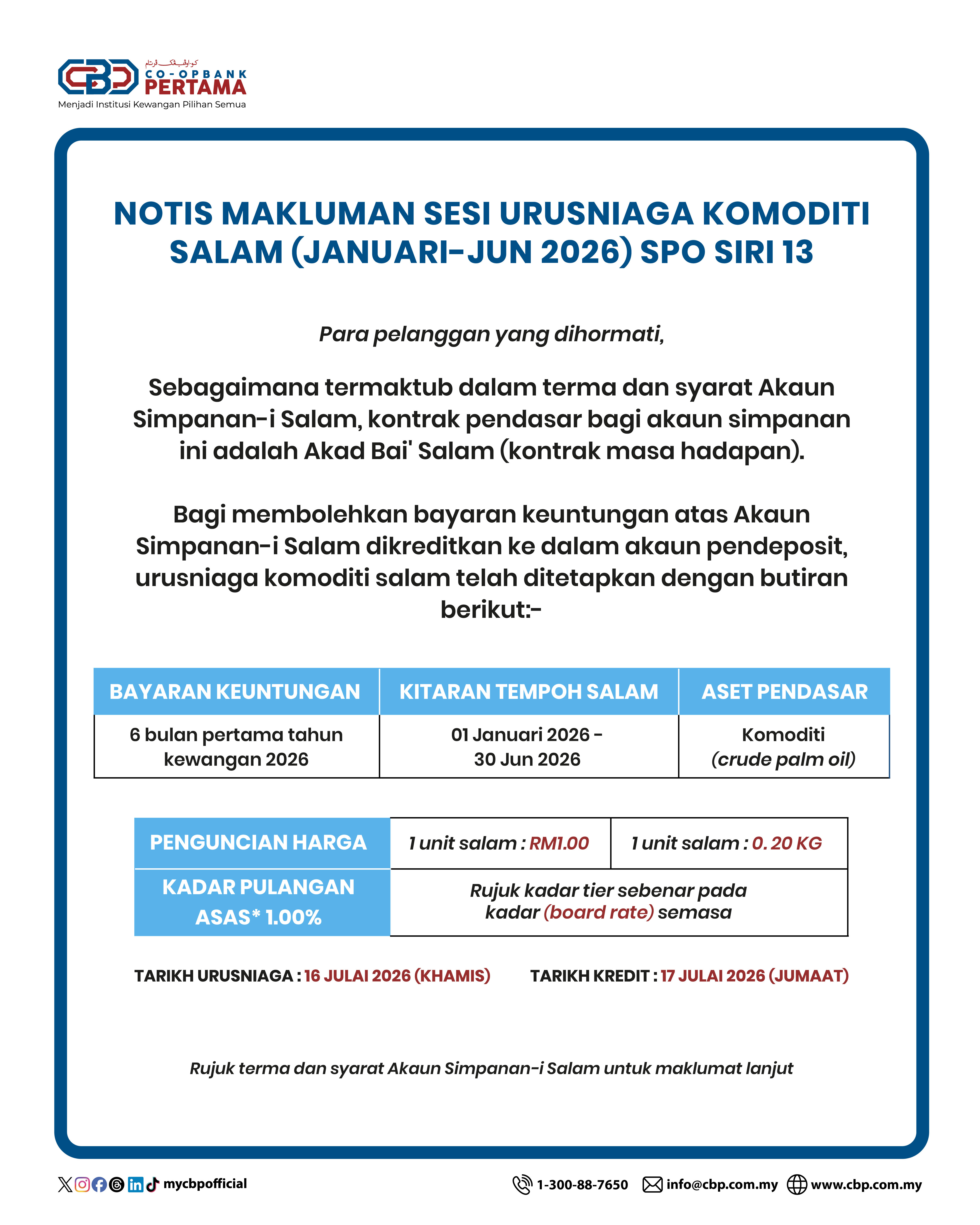 Notis Makluman Sesi Urusniaga Komoditi Salam (Januari - Jun 2026) SPO Siri 13